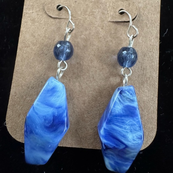 Jewelry - Geometric Blue Marbled Glass Beaded Art Deco Earrings